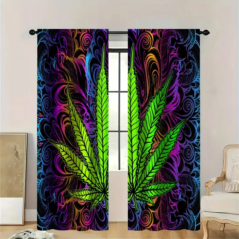 2PC Marijuana Leaf Curtain Set,Vivid Green Leaf with Colorful Swirl Background,Boho Style Drapes for Living Room or Bedroom