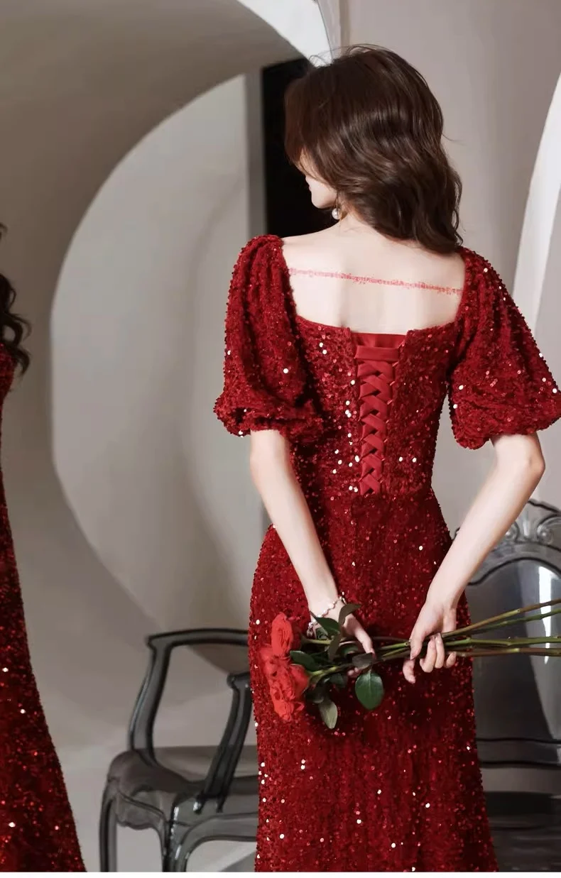 ASL-85#Evening Dress for Women 2024 New Style Banquet High end French Wine Red Glitter Annual Meeting Host Dress Cheap Wholesale