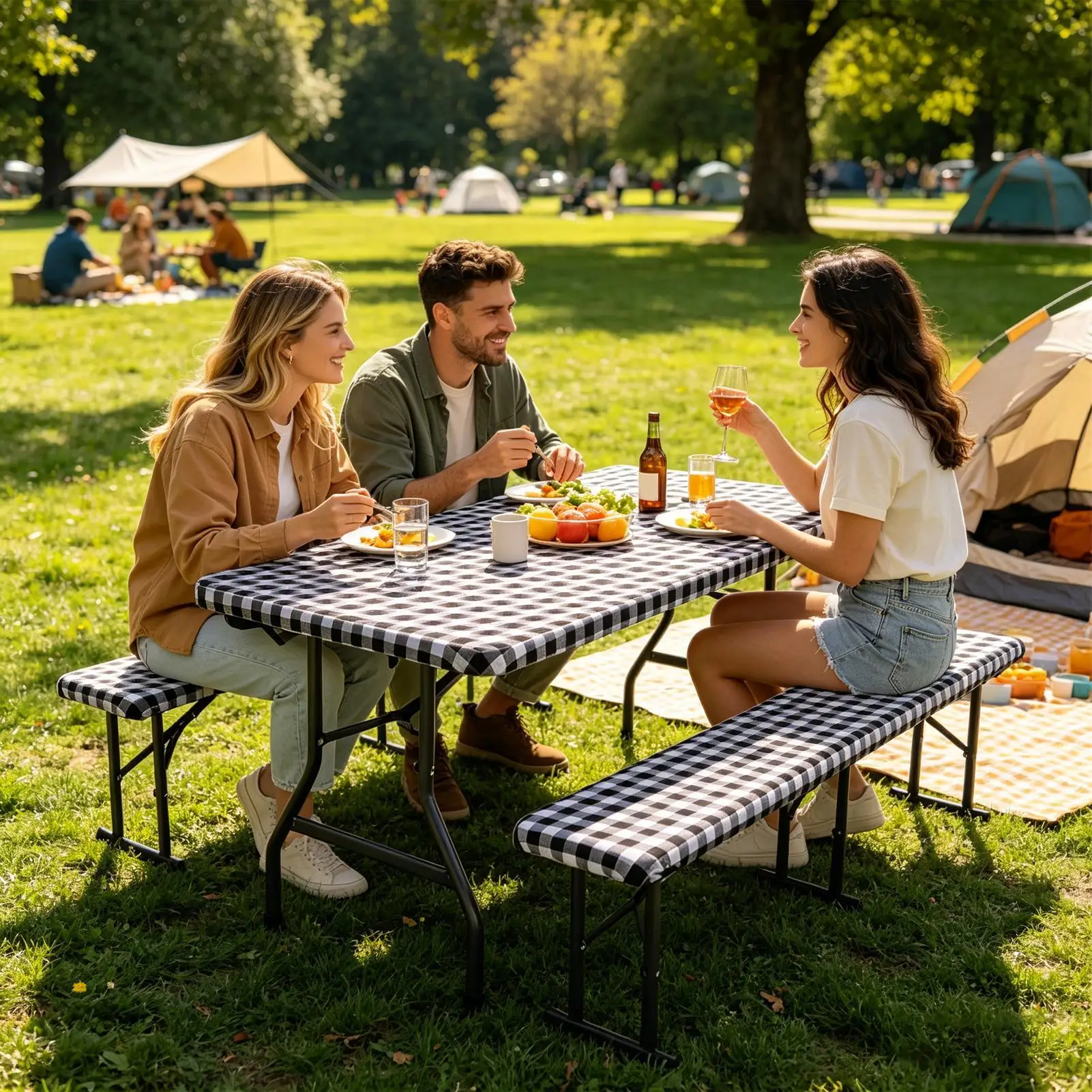 Picnic Table Covers Washable Elastic Foldable Tablecloth Camping Table And Bench Covers For Camping Outdoor Gathering Dining
