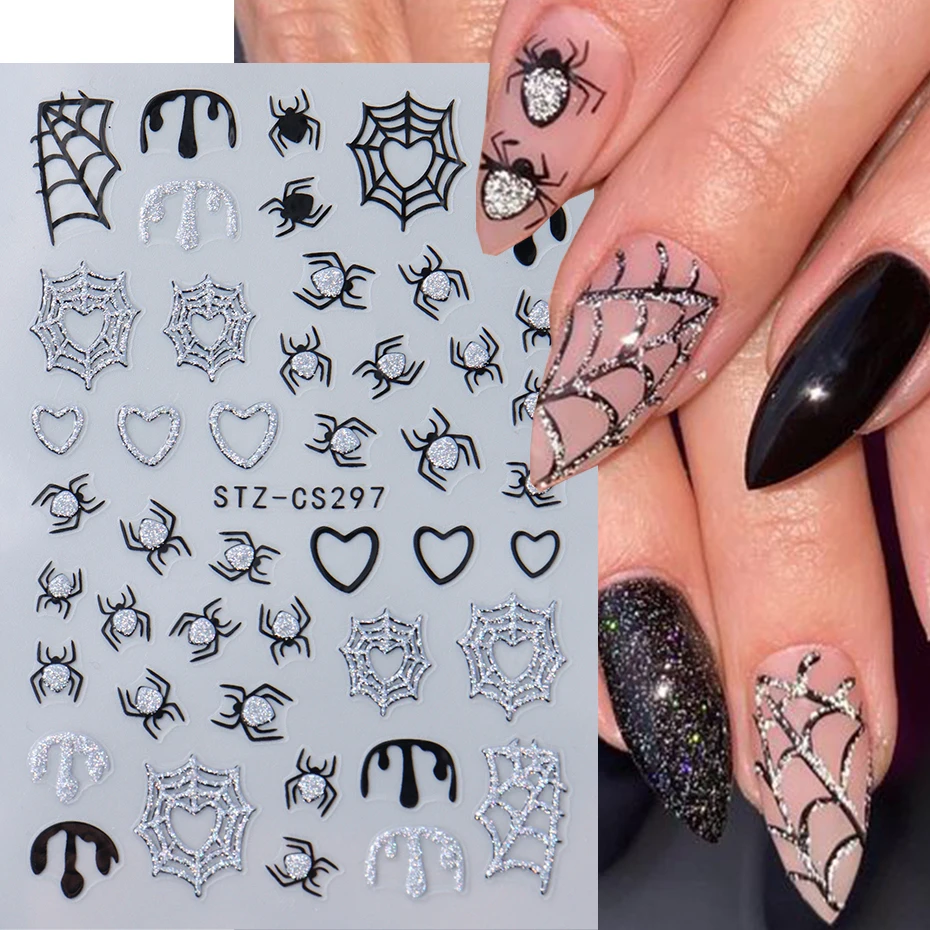 Ragnatela argento Glitter Nail Art adesivi decalcomanie autoadesivo Spider Love Heart Shimmer 3D Halloween Nail Stickers forniture