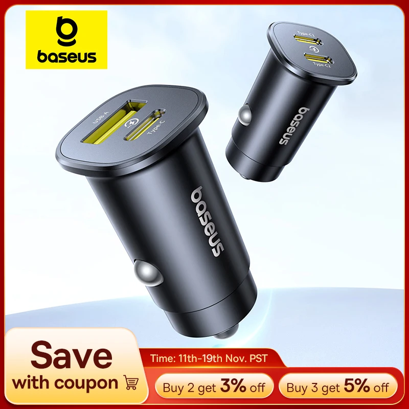 Baseus 30W Car Charger Fast Charging Dual Port USB Type-C PD QC FCP AFC For iPhone 16 15 Samsung S24 S25 Xiaomi Huawei Tablet