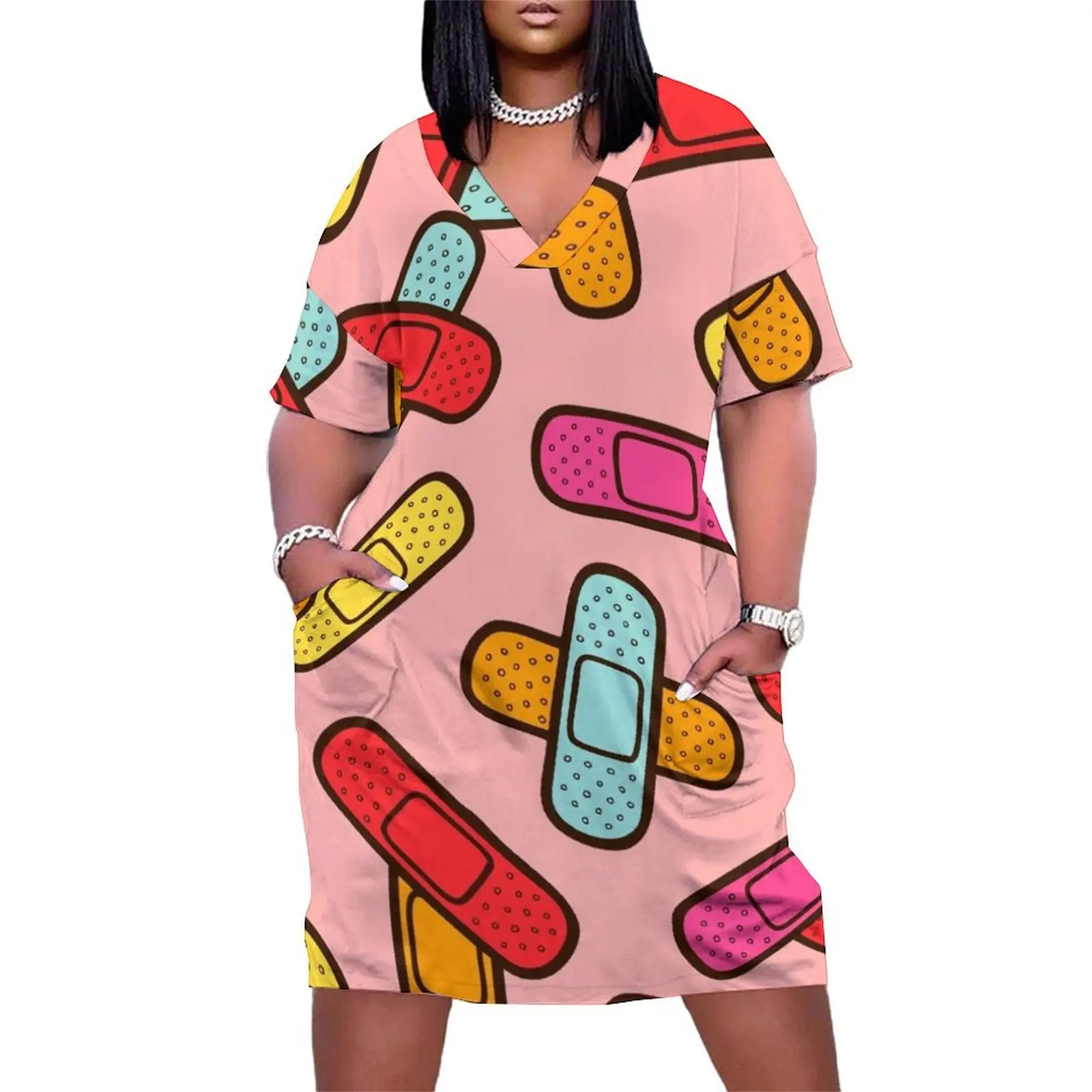 

Rainbow Band-Aids Pattern Loose Pocket Dress women's clothing trend 2025 dress women elegant luxury evening dress women