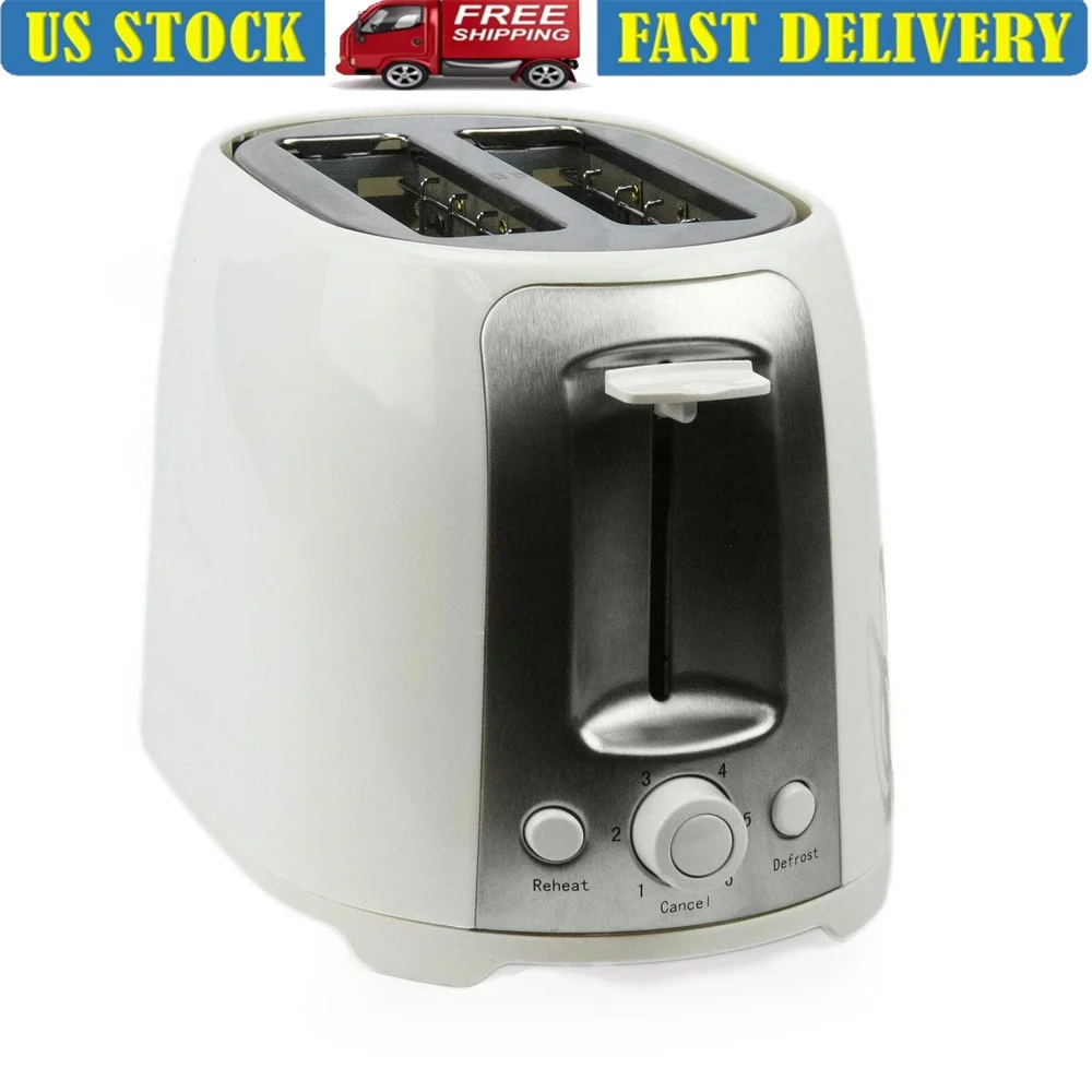 Pemanggang Roti Sentuhan Dingin 2 Potong Slot Ekstra Lebar 800W Kenop 6 Pengaturan Panduan Pemusatan Otomatis Pembungkus Kabel Baki Remah yang Mudah Dibersihkan