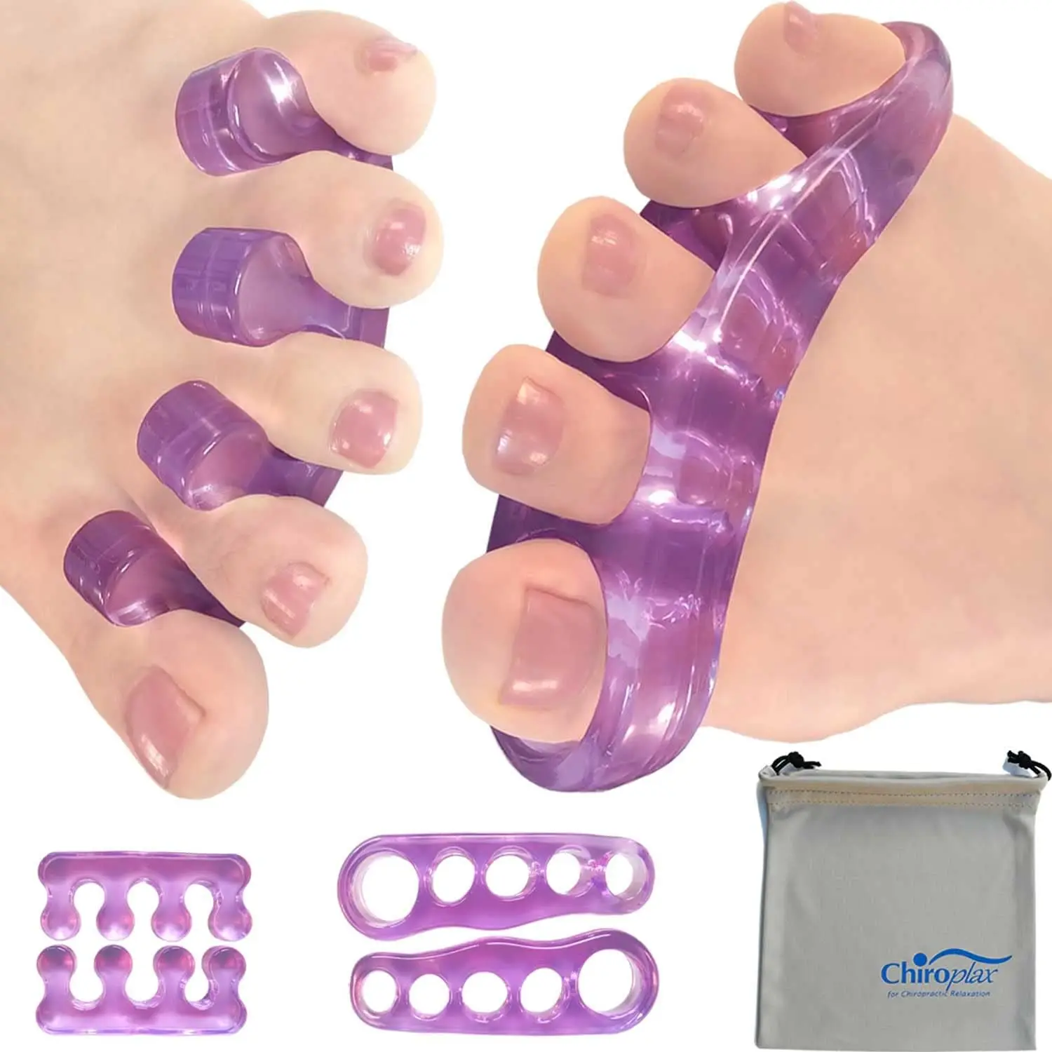 

Silicone Toe Separators for Bunion Relief, Hammer Toe Corrector - 2 Pairs with Pouch in Lavender