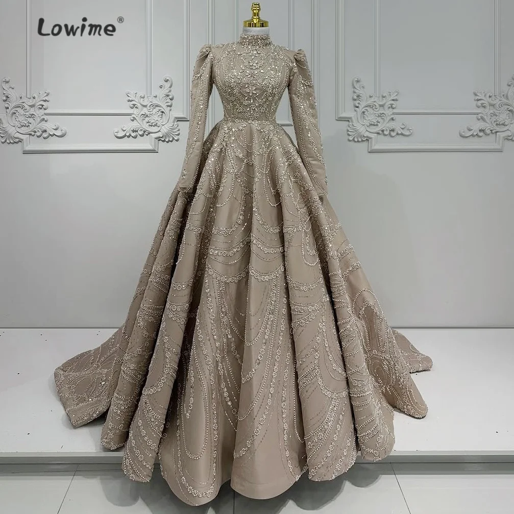 Retro Light Brown Muslim Evening Dress Beaded Embroidery Long Sleeve Evening Dress Rhinestone Women'S Grand Evening Dress
