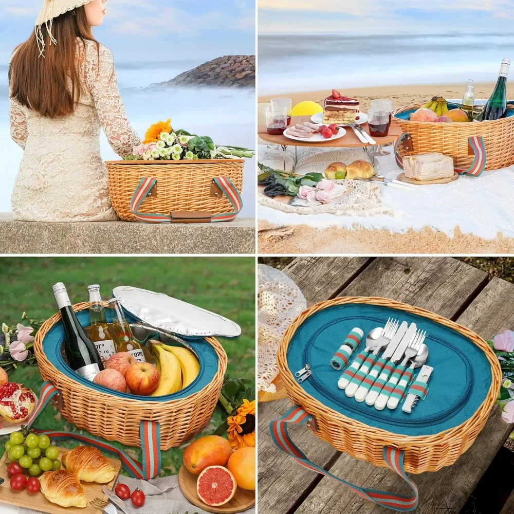 Picnic Basket for 4 - Wicker Basket Set with Wine Table | Handmade Willow Basket with Insulated Cooler Bag for Outdoor Camping