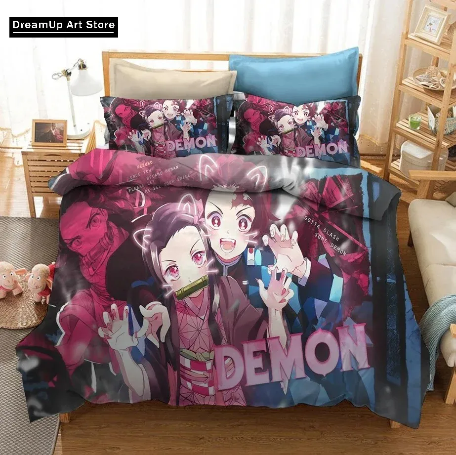 3D Printed Anime Demon Slayer Nezuko Tanjirou Bedding Set Cute Quilt Cover Bed Cover With Pillowcase Twin Single Queen King Size