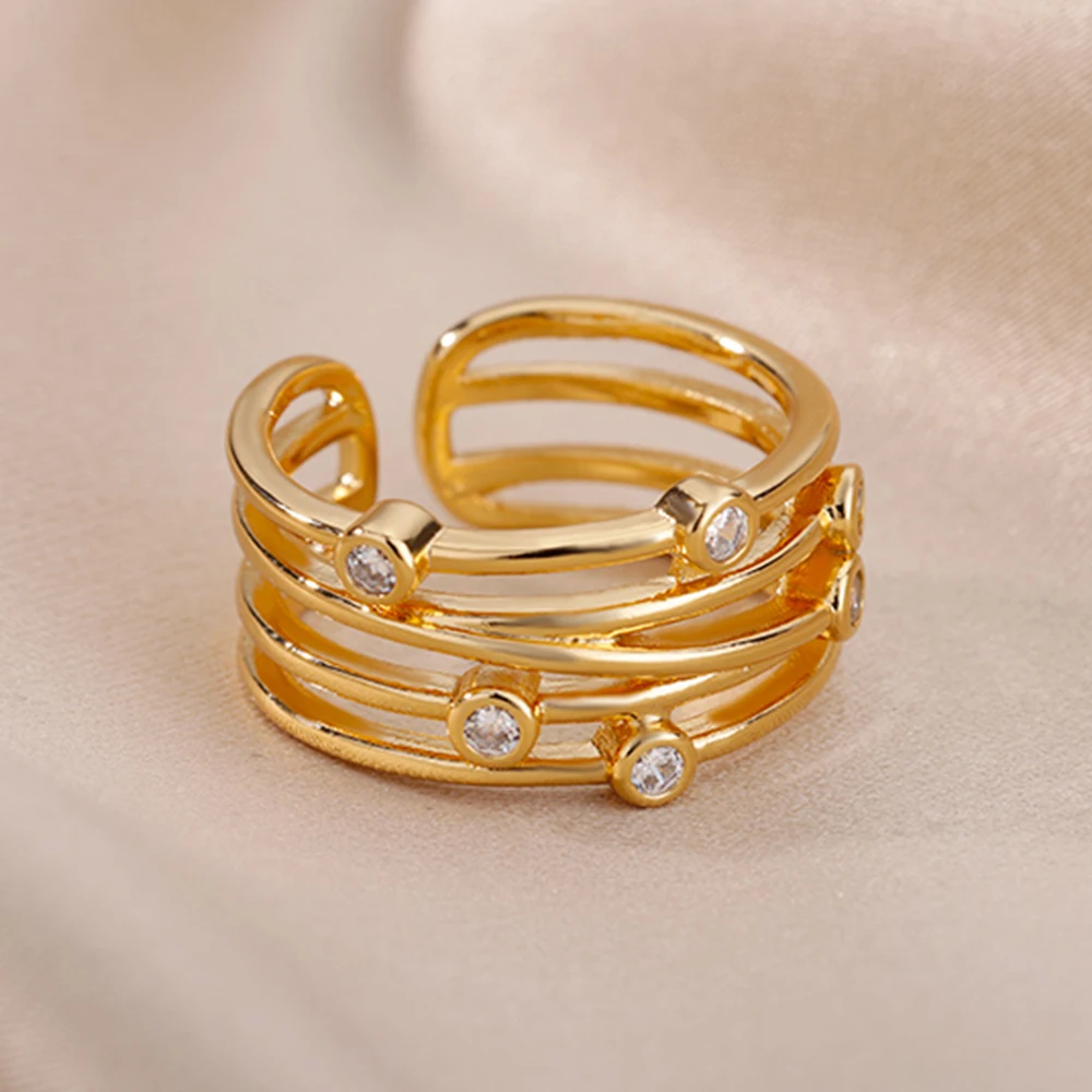 Zircon Multilayer Rings For Women Gold Color Stainless Steel Open Wide Engagement Wedding Ring Female Finger Jewelry 2024 New