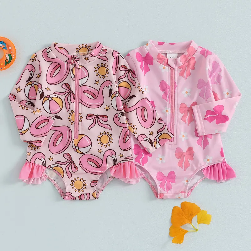 0 إلى 5 سنوات طفلة كشكش ملابس السباحة سحاب أكمام طويلة طفح الحرس ثوب السباحة لطيف القوس نمط ملابس السباحة