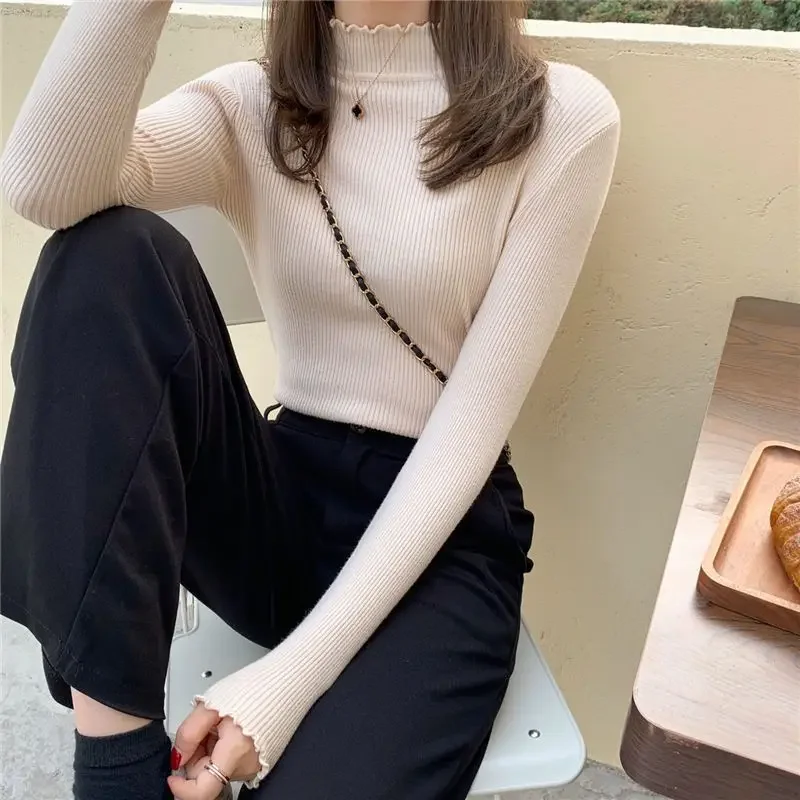 Women Clothing 2023 Autumn Winter Elegant Half High Collar Solid Basic Knitted Sweater Simple Casual Chic Long Sleeve Slim Tops