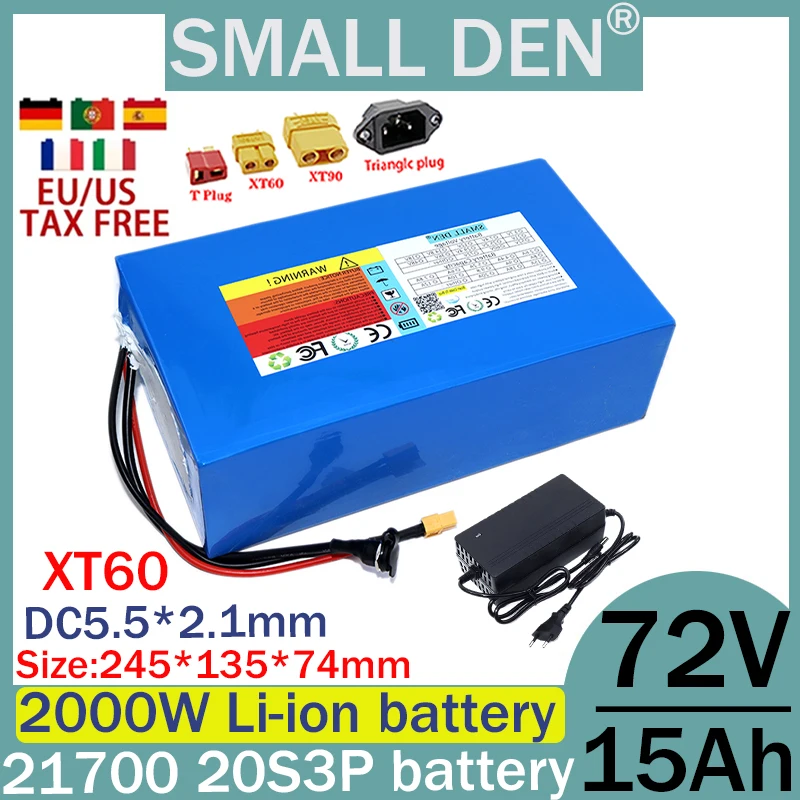 72V 15ah 21700 lithium battery pack with built-in BMS 0-2000W motor, high-power rechargeable battery, tax-free+84V 2A charger