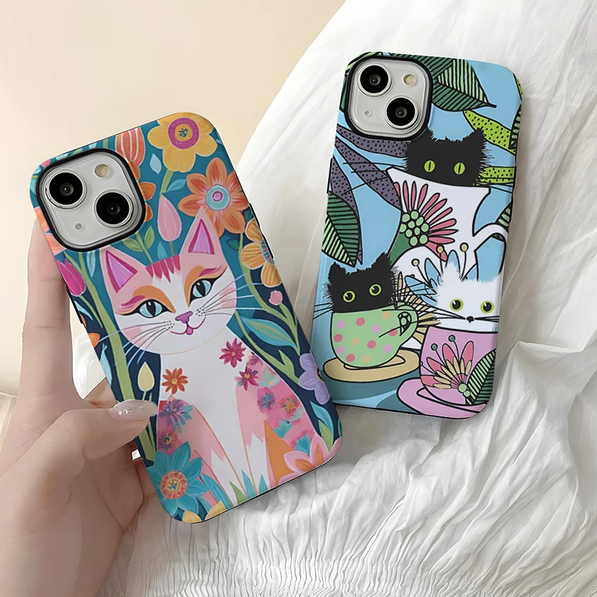 Custodia per telefono gattino colorato per Iphone 17 16 15 14 13 Pro 12 11 Max Plus 16Pro Custodia per telefono a doppio strato Creative 15Pro Cover Shell