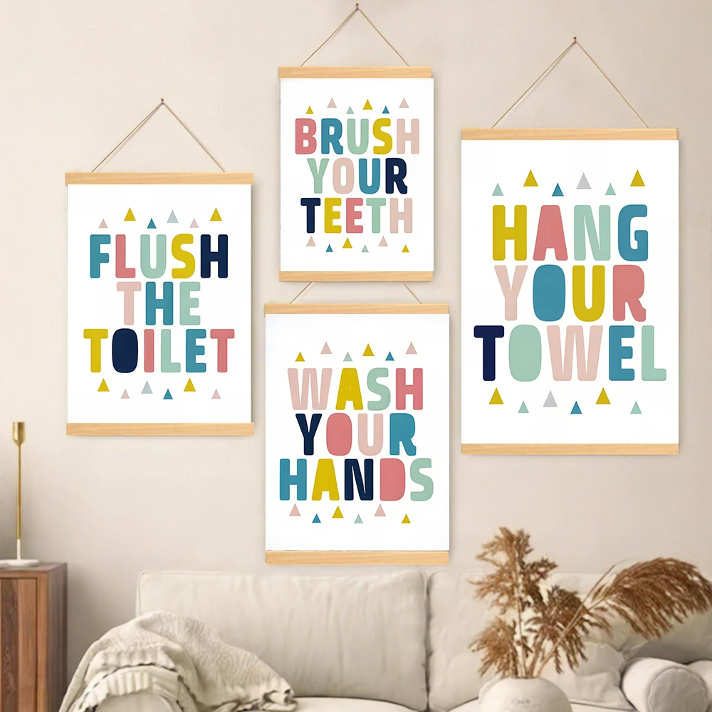 Kids Bathroom Educational Solid Wood Wall Art - Colorful Toilet Etiquette Posters for Children's Decor Bathroom Rules Art Prints