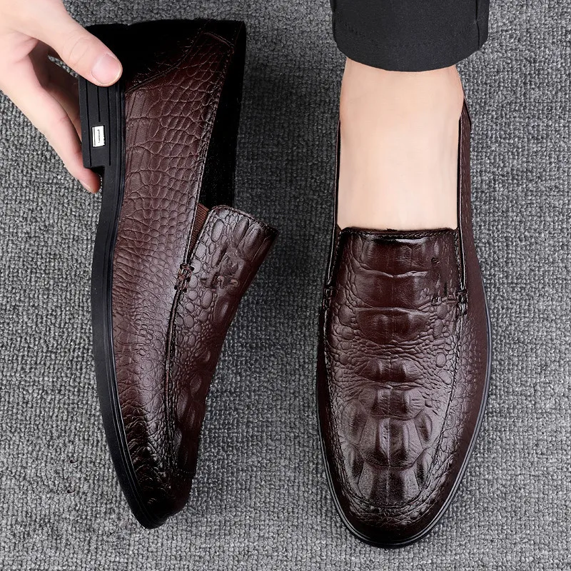 Men’s Casual Genuine Leather Shoes Brand Comfort Slip on Formal Business Loafers Men Crocodile Pattern Black Male Driving Shoes