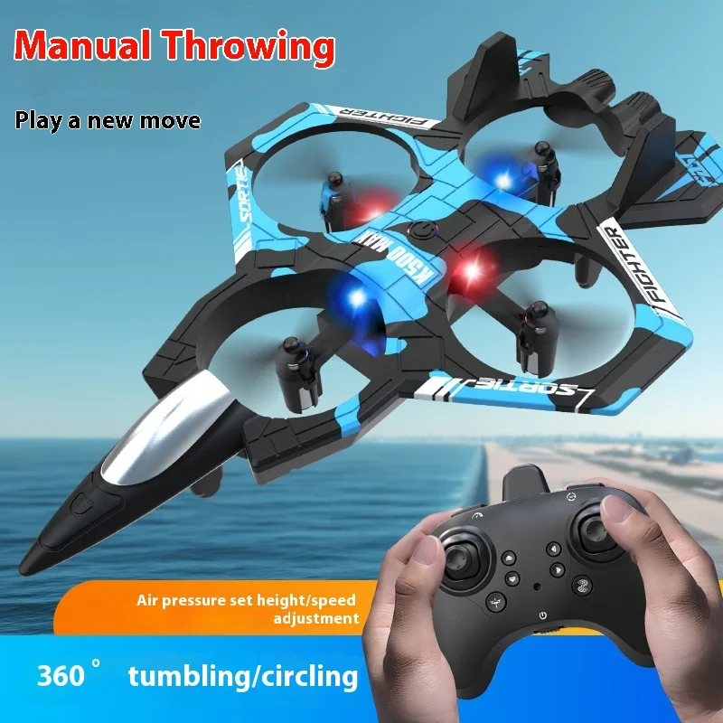 K500Max Fighter Drone Quad-Channel Hover RC Airplane High-Speed Stunt Special Effects Lighting Four-Axis Remote Control Toy