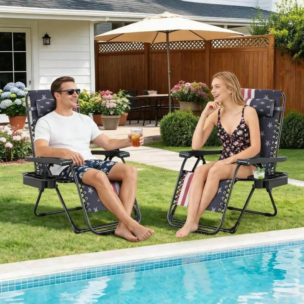 Set Of 2 Patio Lounge Chairs Adjustable Folding Outdoor Recliners With Pillow And Cup Holder Tray Portable For Deck Beach Yard Stars Stripes Mesh