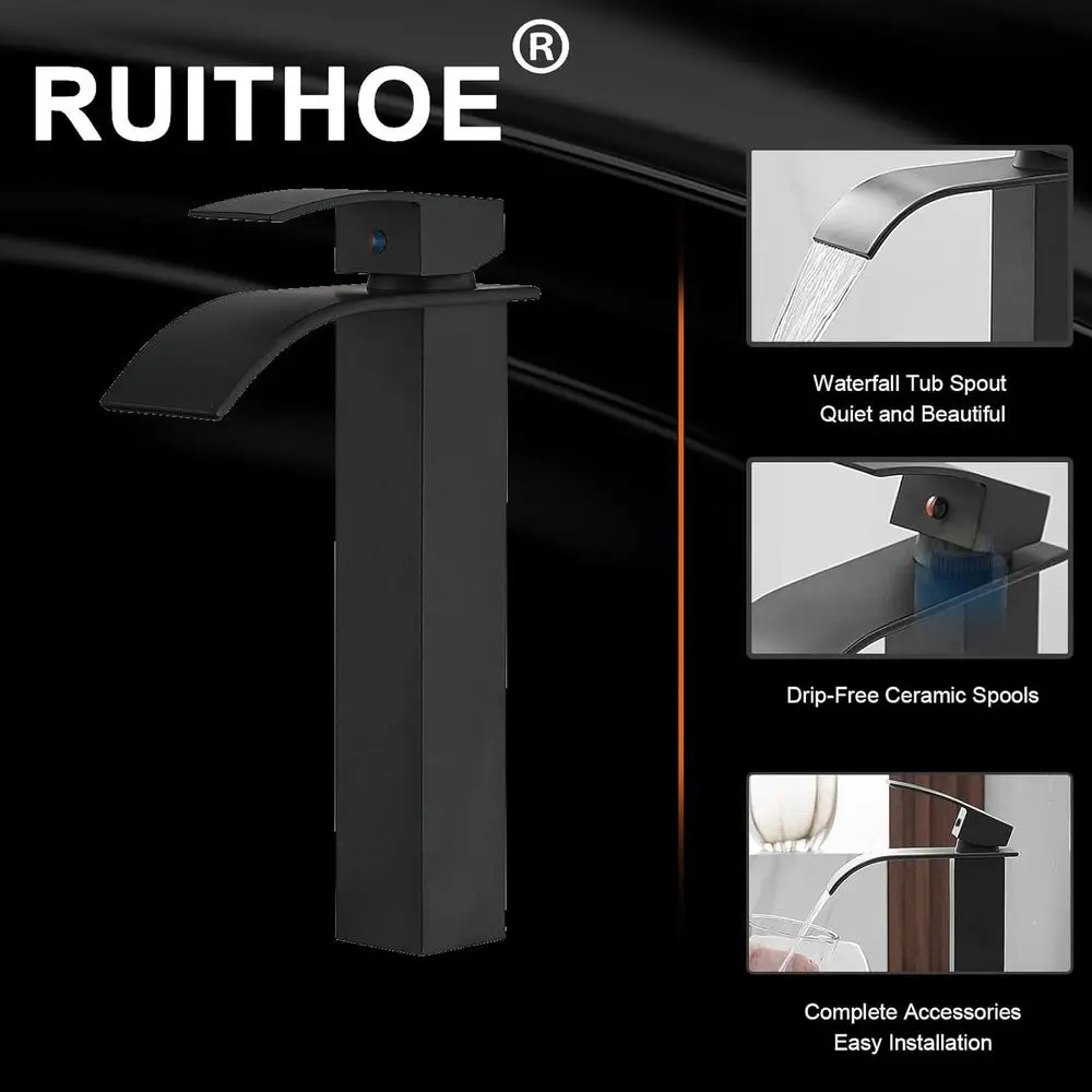 Rubinetto a cascata con montaggio su piano monocomando nero opaco con scarico pop-up per lavelli del vaso