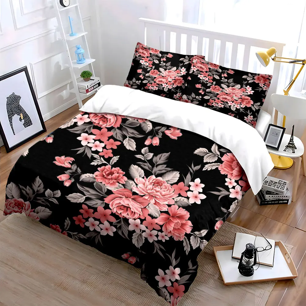 Black background with pink floral pattern Bedding Set for Kids Luxury Gift 3pcs Digital Print Comforter Set Soft Comfortable