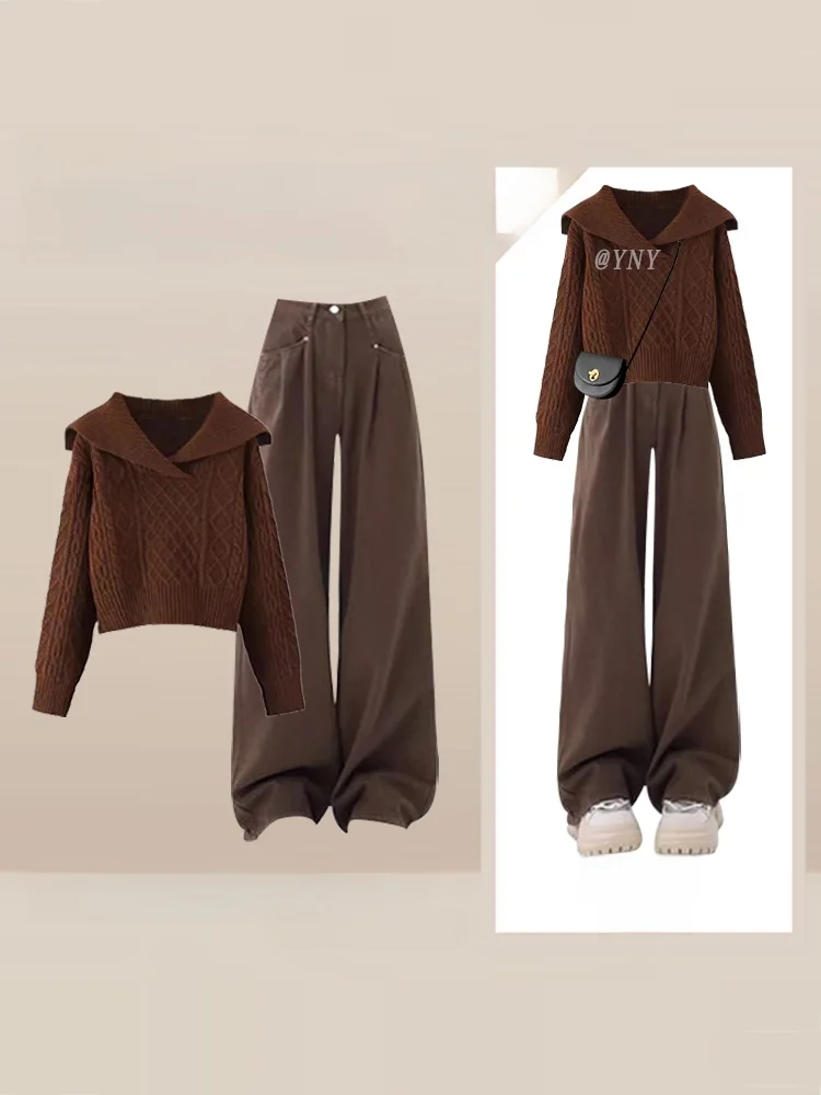 

Autumn Vintage Coffee Knitted Sweater And Loose Wide Leg Jeans Set Gentle And Slimming Effect Comfortable Long Sve Navy Co...