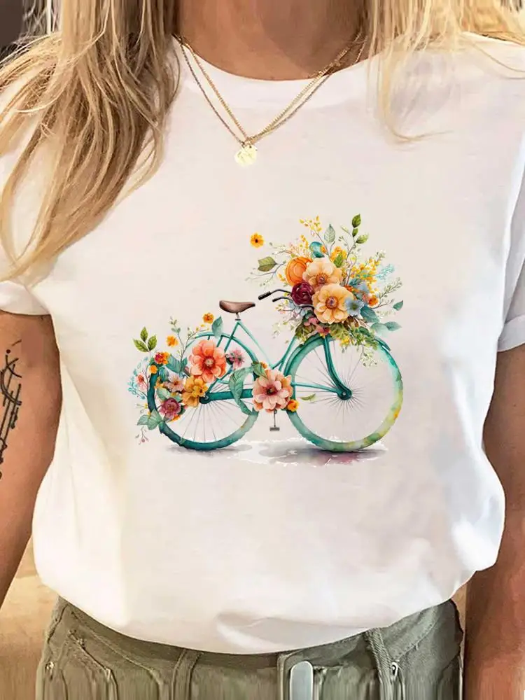 Bike Flower Lovely Watercolor Clothing Print Women Fashion Lady Graphic Tee Clothes Short Sleeve T Female Casual T-shirts