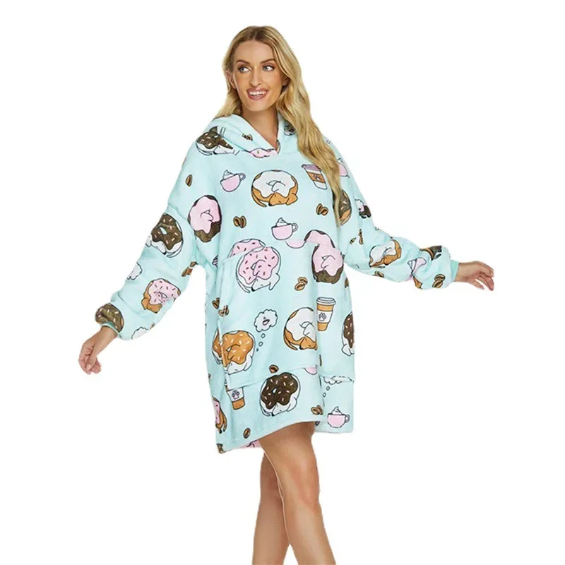 Bigsize Casual Long Sleeve Bathrobe Gown Sweet Doughnut Print Hooded Nightgown Thicken Flannel Nightwear Women Blanket Sleepwear