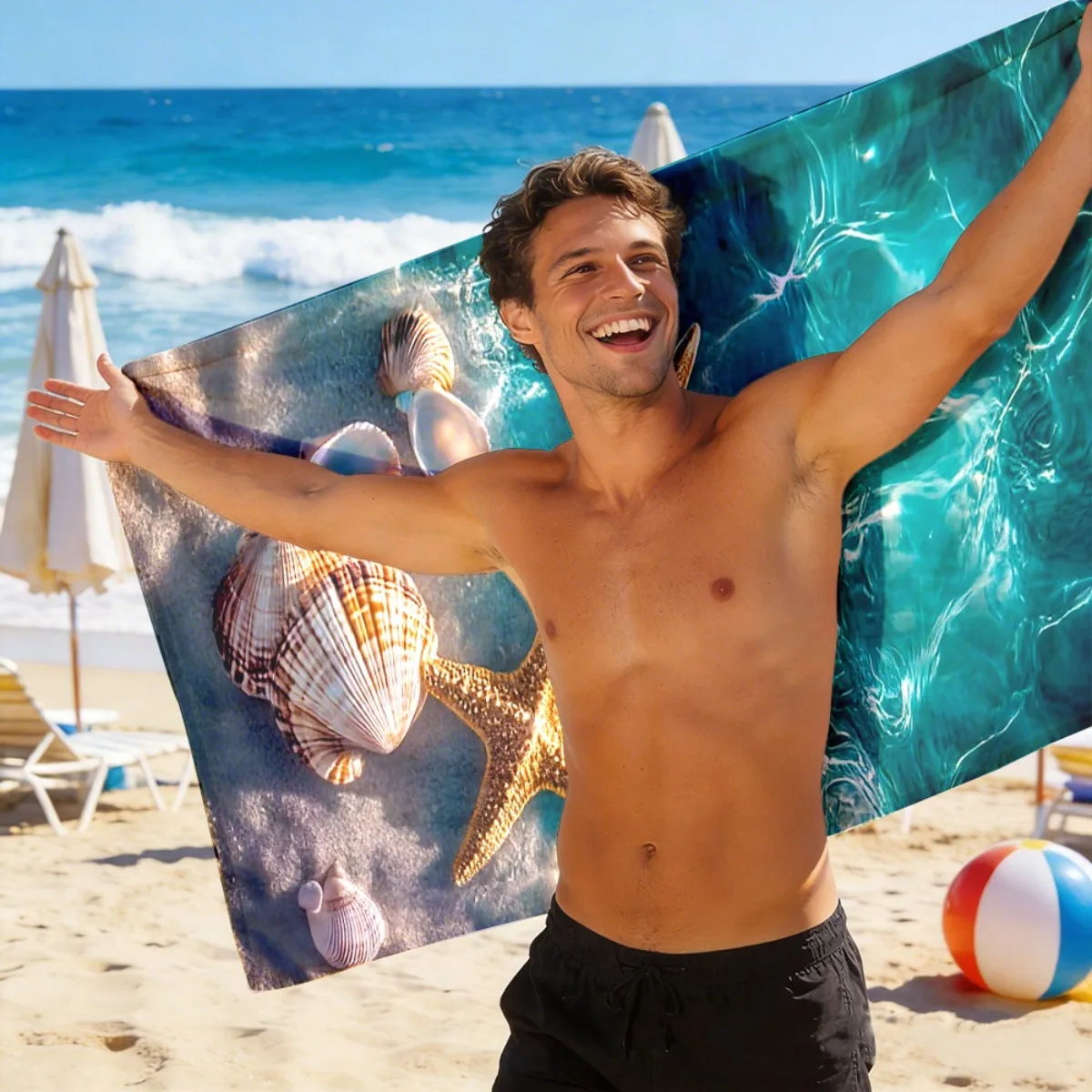 Starfish Seashell Design Beach Towel, Premium Microfiber Rapid Drying Ultra Comfortable High Absorbency for Shower Water Sports
