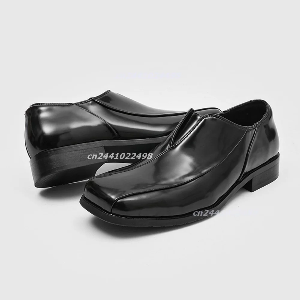 Glossy Shiny Upper Slip on Men Dress Loafers, Square Toe Unique Front V Cut Seam Design Low Block Heel Business Formal Footwear