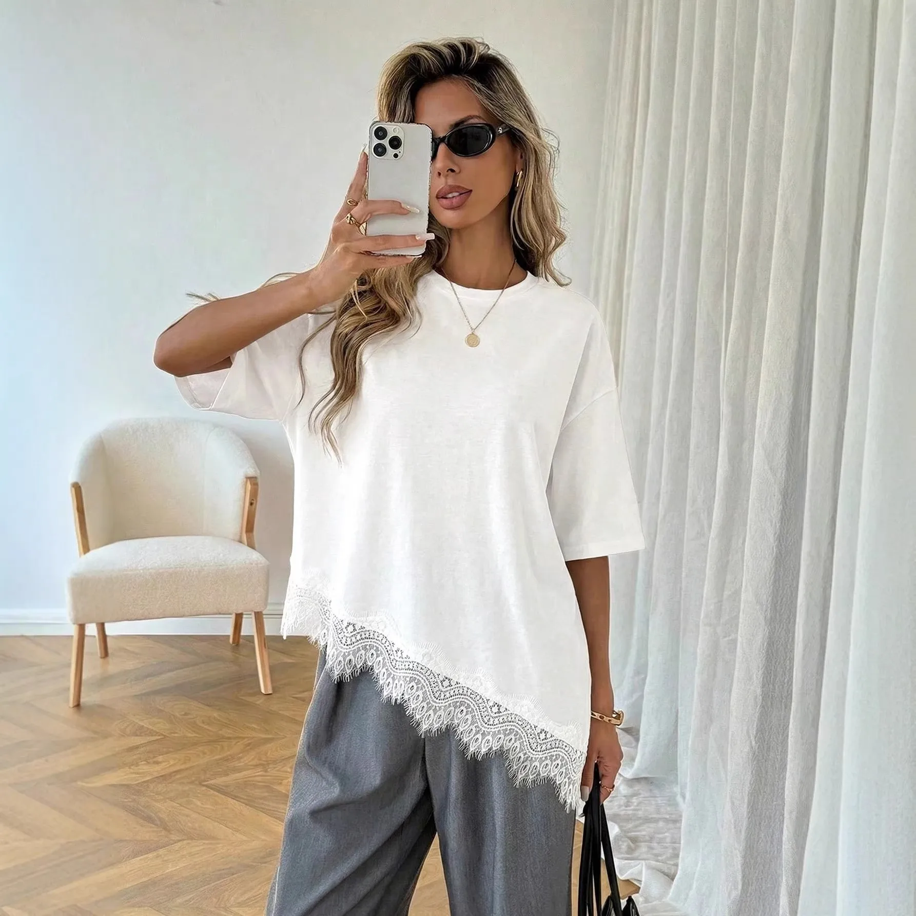 Patchwork Short Sleeve Top Loose Fit Casual with Round Neck Drop Shoulder Mid Length No Pattern Summer Daily T Shirt for Women