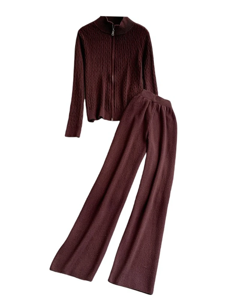 Ensemble deux pièces décontracté pour femmes, automne et hiver, doux et chic, fermeture éclair, tricot, col montant, manteau, taille haute, pantalon à jambes larges
