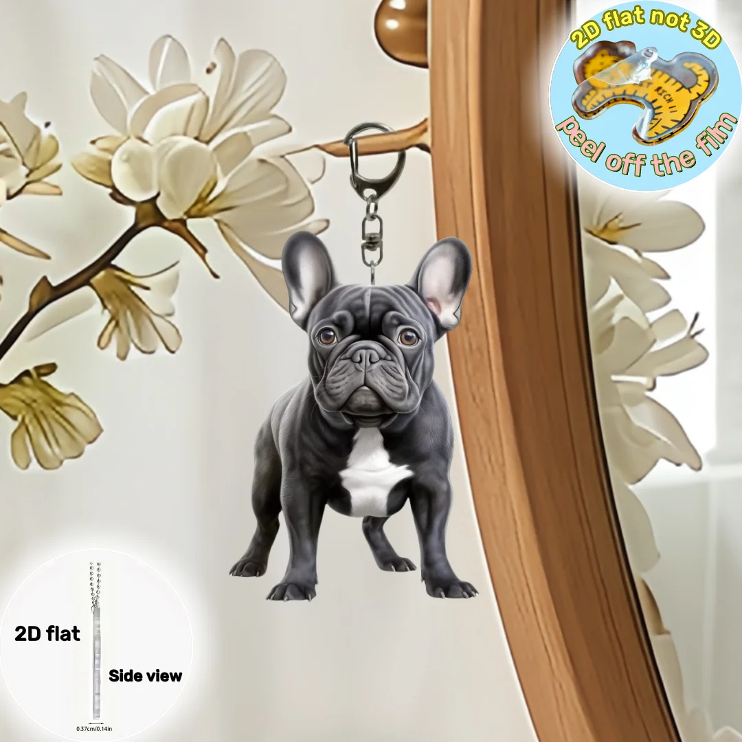 2D Cute French Bulldog Keychain Cool Puppy Flat Acrylic Pendant Versatile Charm Decor for Car Mirror Backpack Festive Party Gift