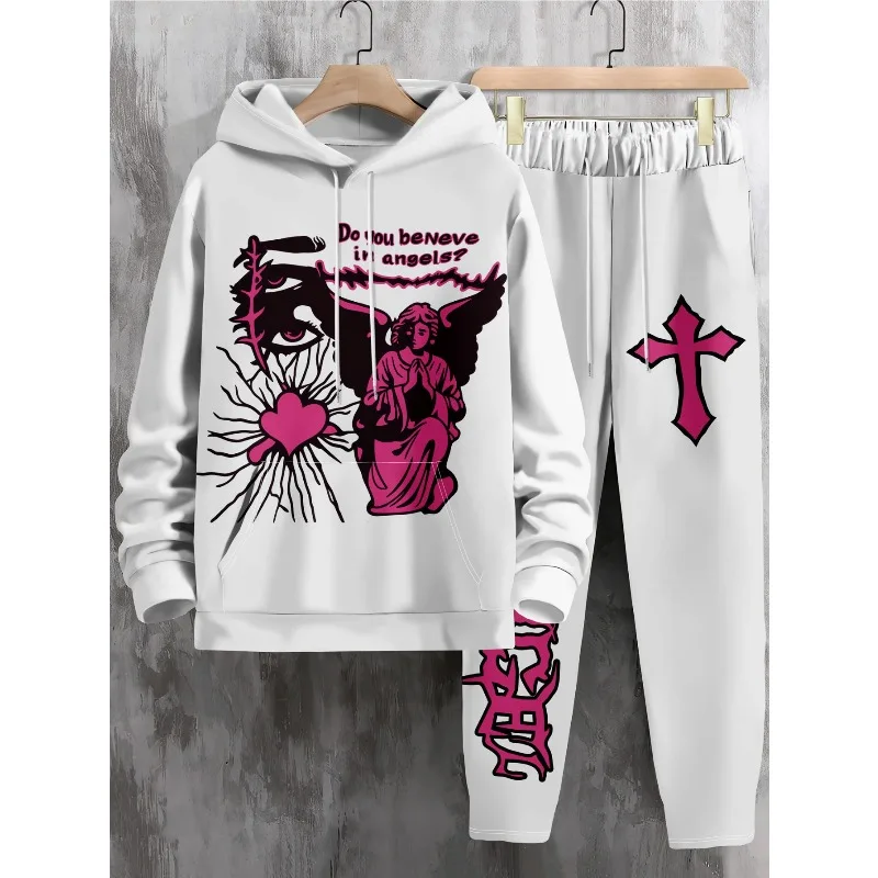 2025 الربيع والخريف مواسمين رياضية غير رسمية ثلاثية الأبعاد مطبوعة الرجال الكتف نمط هوديي السراويل العليا مزيج قطعتين مجموعة