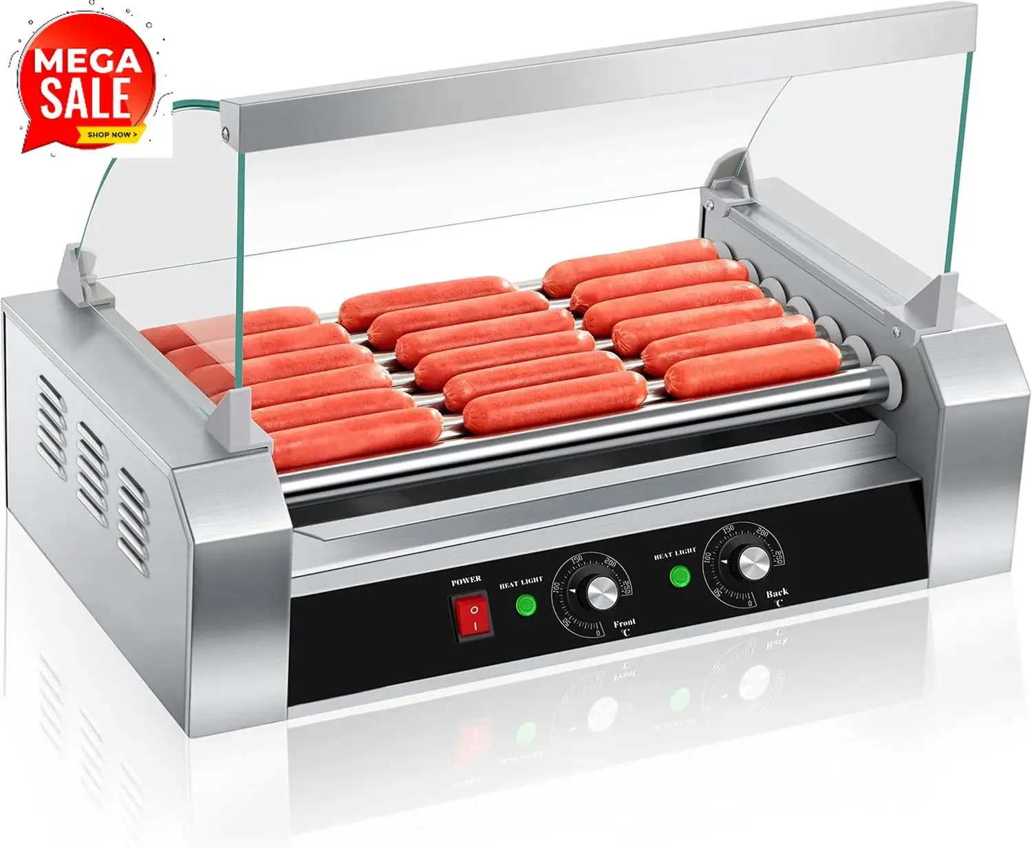 Hot Dog Roller, 18 Hot Dog Capacity | Non-stick Stainless Steel Rollers, Detachable Glass Cover, 1000-Watts, ETL Certified