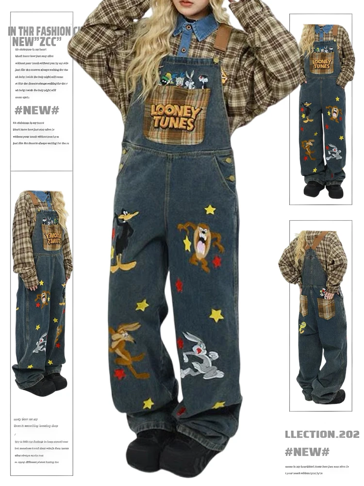 

Retro American Cartoon Embroidered Distred Denim Overalls Women's Loose Wide Leg Pants High Waist Zip Fly Blue Jeans