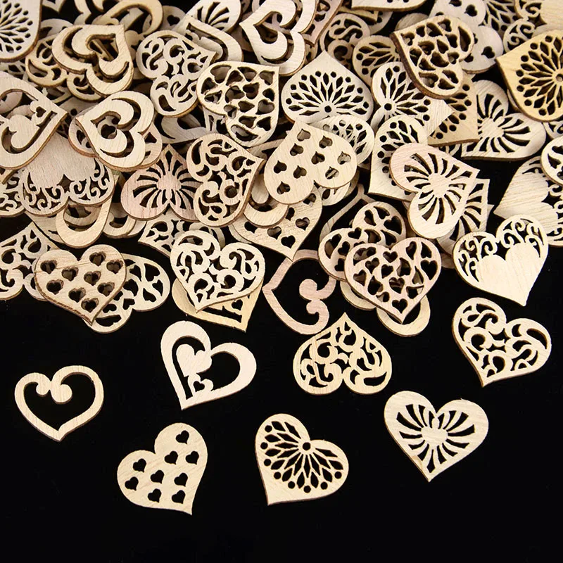 50/100pcs Hollowed Heart Pattern Small Natural Wooden Slice Scrapbook Embellishments DIY Craft Decor Heart Shape Love Wood Chips