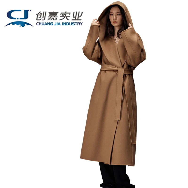 Double-sided Wool Women's Hooded Coat Autumn and Winter White Long Lace-up Coat Outdoor Travel Warm Temperament Women's Wear