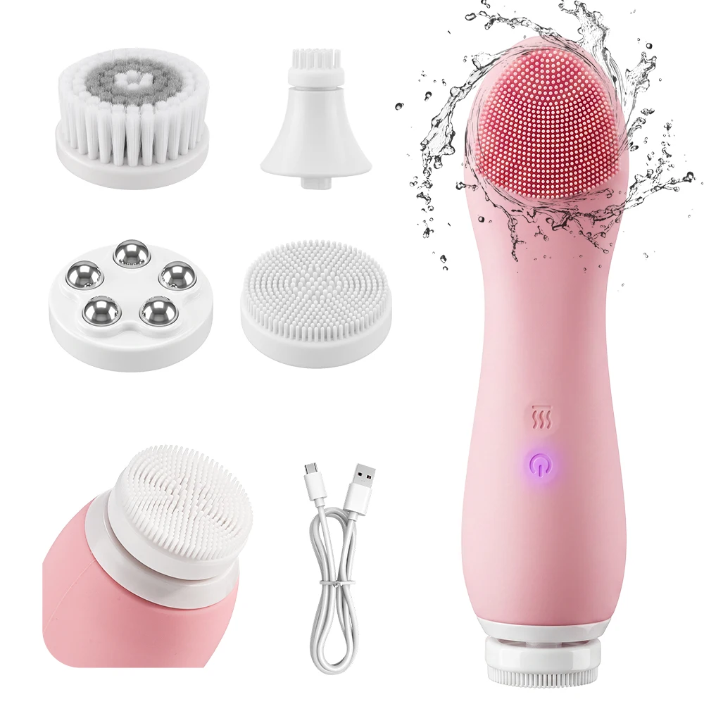 Escova Limpeza Facial Elétrica Esfoliante Rotativa 4 Cabeças Massagem Aquecida À Prova D'Água Recarregável Ferramenta Pele