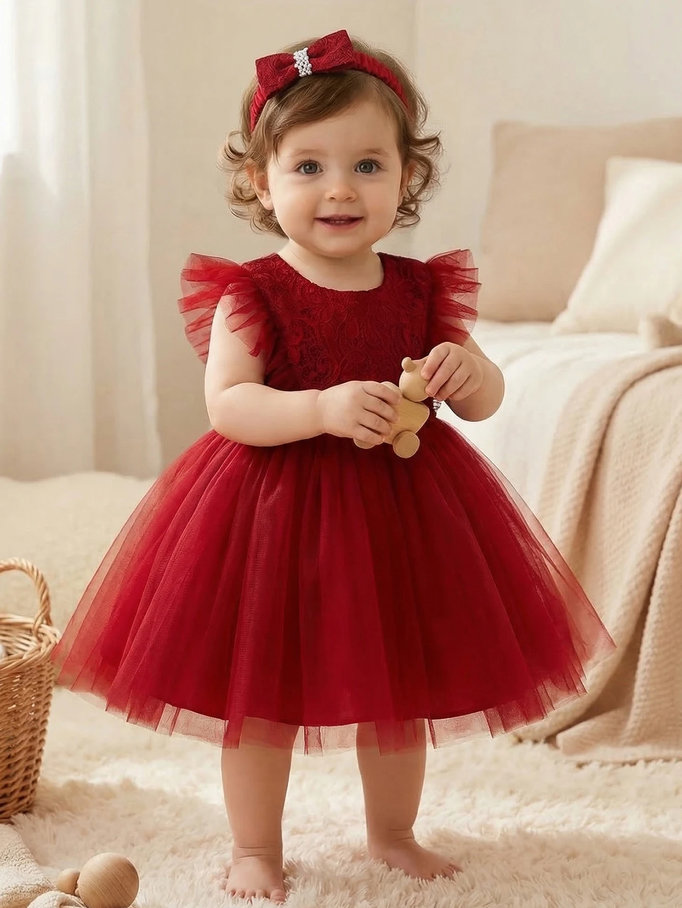 Baby Girl Red Lace-embroidered Net-sheer Soft Comfortable Elegant Dress. Suitable for Birthdays,Daily Wear,Vacations,Weddings