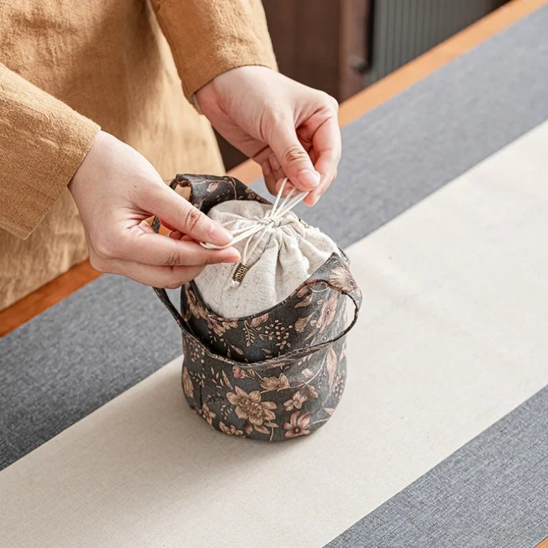 Embroidery Teaware Storage Bag Floral Pattern Cotton Teacup Protective Dustproof Pouch Accessory Outdoor Portable Drawstring Bag