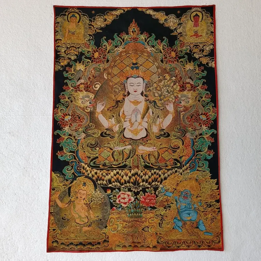 Tibet Tibetan Cloth Silk Golden color four-armed guanyin Thangka Tangka Embroidery Painting