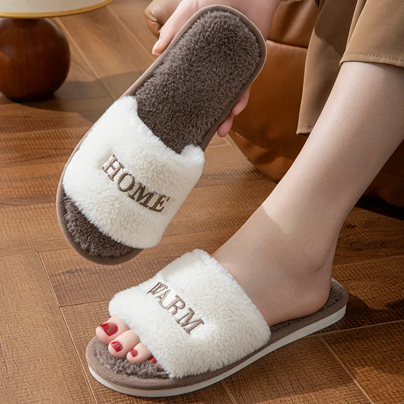 

Осенне-зимние женские плюшевые теплые хлопковые тапочки с вышивкой букв на мягкой подошве, домашняя уличная домашняя обувь на плоской подошве