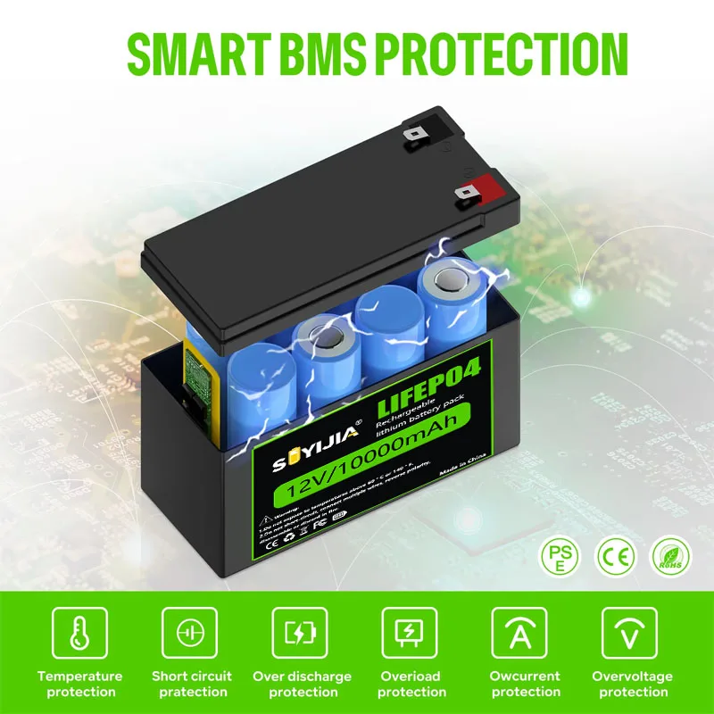 Batterie LiFePO4 12V 10ah BMS Intégré Plus De 3000 Cycles, Pour Solaire, UPS, Détecteur De Poisson, RV Dynamo, Bateau, Extérieur