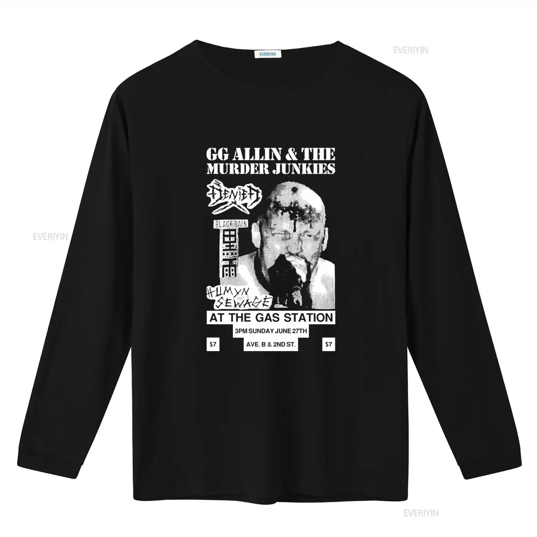 GG Allin The Murder Junkies Final Show Flyer Punk Rock T Shirt Black Rain Humyn Sewage At Gas Station Design vintage Washed