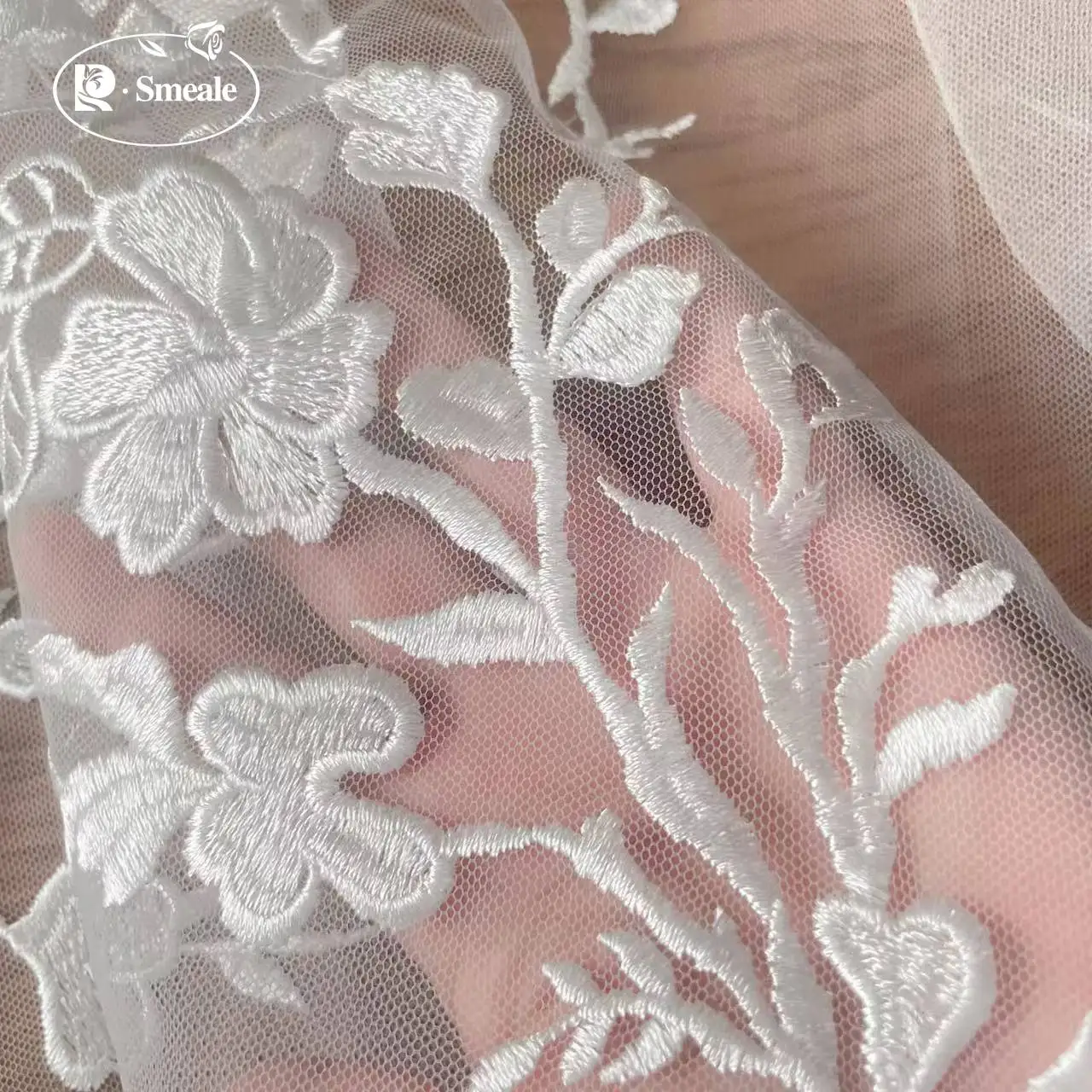 Embroidered Flower Twig Dress Lace Mesh Fabric, white, RS2562