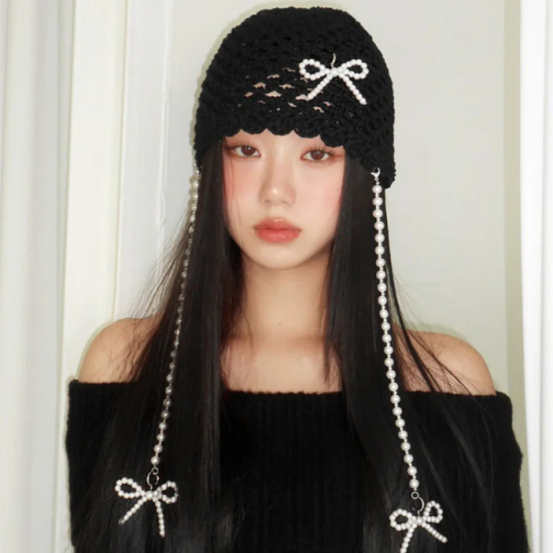 

Women's Pearl Bow Lace-up Knit Wool Hat Korean-style Instagram Fashion Trend Hats Hot Chick Party Versatile Decorative Hat