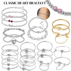 2025 Valentine  New 925 Silver Pink Bow Full Diamond Bracelet Original 17-20CM Fit DIY Charm Women Birthday Jewelry Gifts