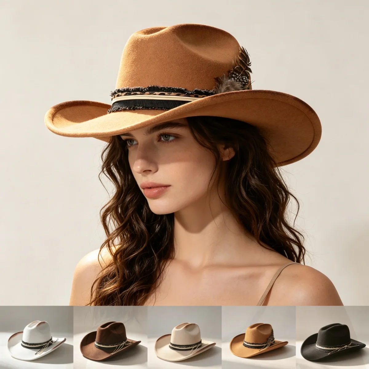 Retro Felt Cowgirl Hat for Ladies Wide Brim Western Cowboy Fedora Hat Feather Ornament Fringe Trim Multi Color Holiday Photo Sho