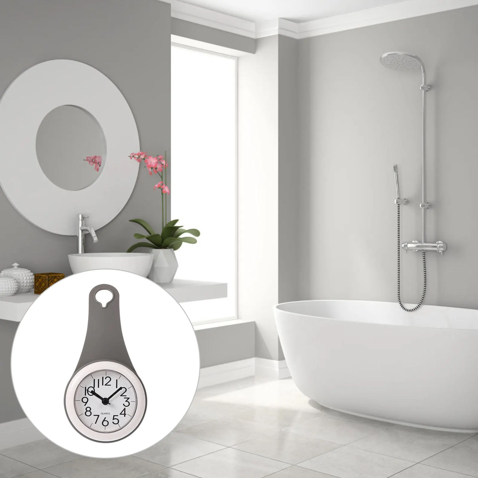 

1Pcs Waterproof Bathroom Wall Clock Silent Shower Clock Mute Operated with Suction Cup Hanging Hole Design