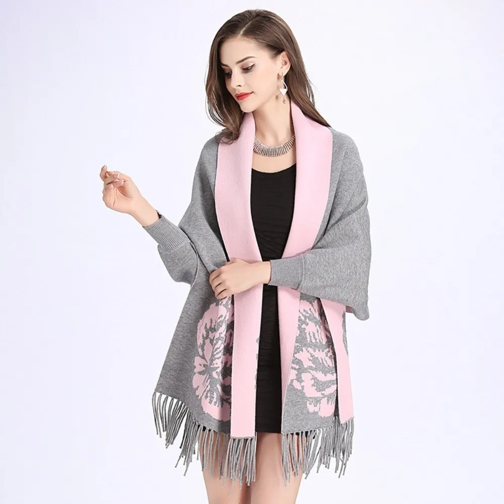 Warm With Sleeves Floral Jacquard Cape Peony Pattern Casual Warm Poncho Wrap Thick Yarn Oversized Cardigan For Women