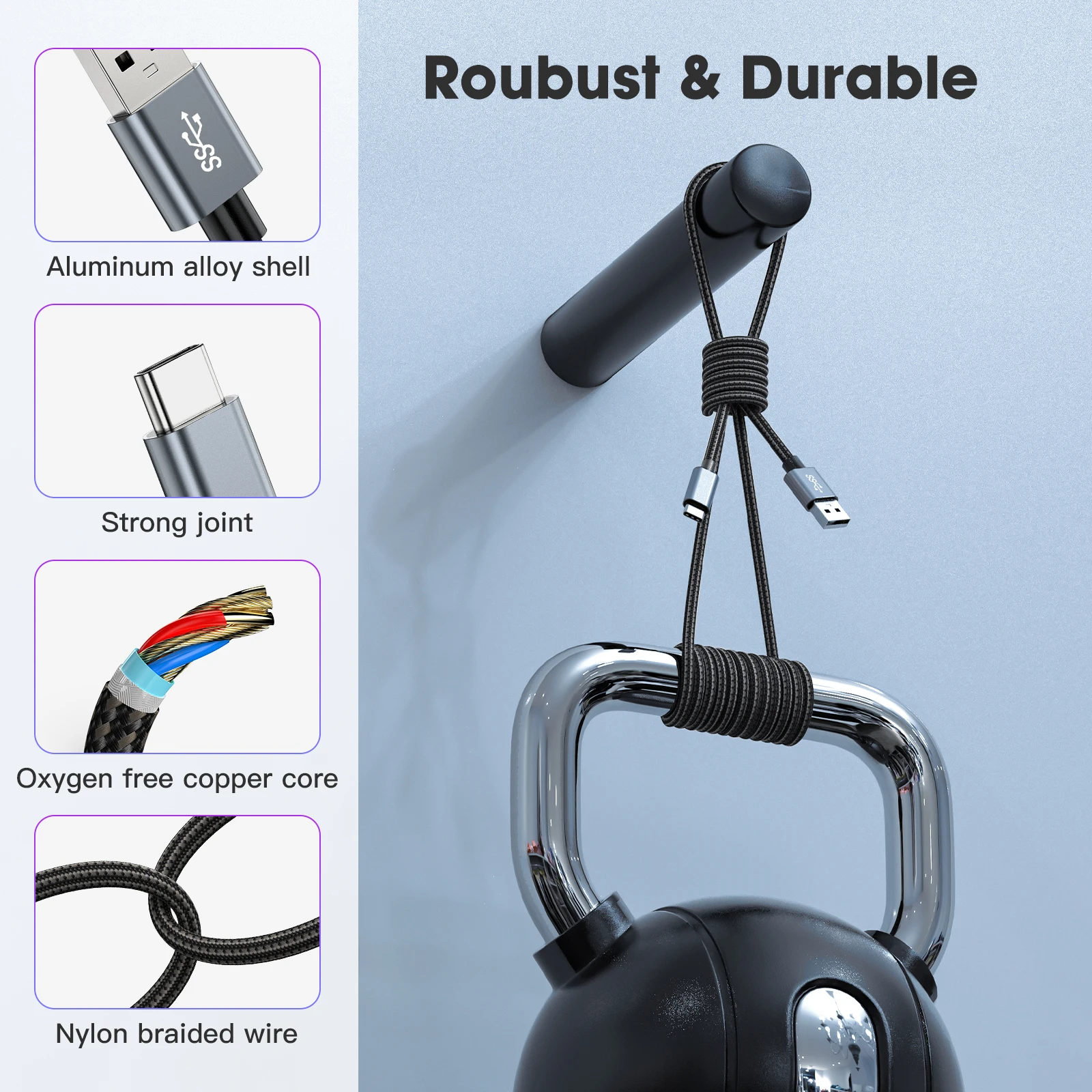 كابل بيانات USB3.2 إلى النوع C، نقل بسرعة 10 جيجابت في الثانية مناسب للقرص الصلب والهواتف المحمولة وبنك الطاقة والكمبيوتر 3A للشحن السريع