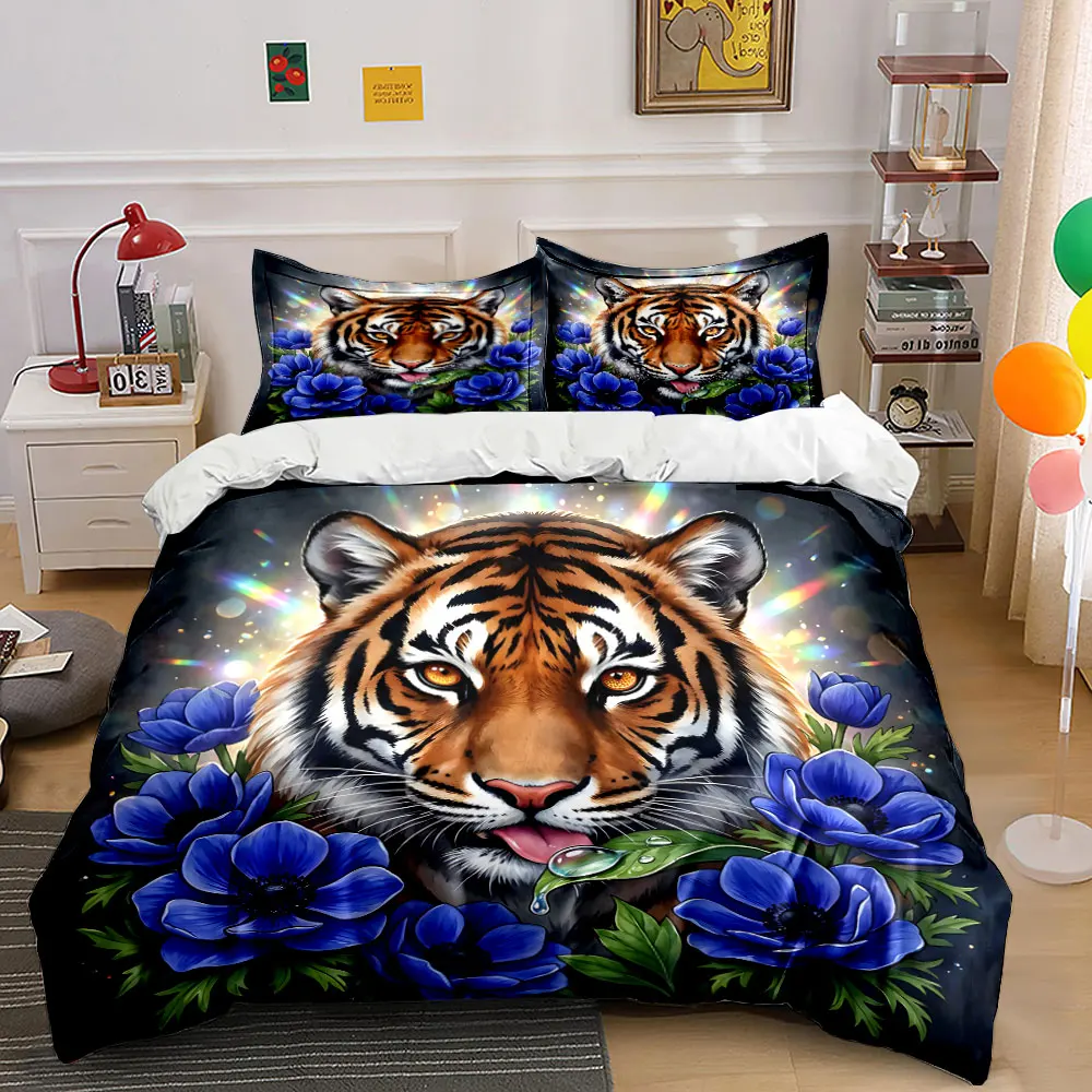 Tiger Surrounded by Blue Flowers Bedding Set for Kids Luxury Gift 3pcs Digital Print Comforter Set Soft Comfortable Breathable